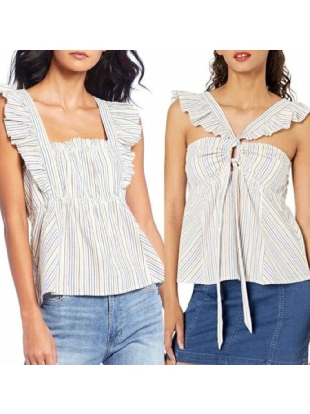 ELLA MOSS Carol Ruffle Cap Sleeve Square Neck Top White Pink Blue Convertible XS